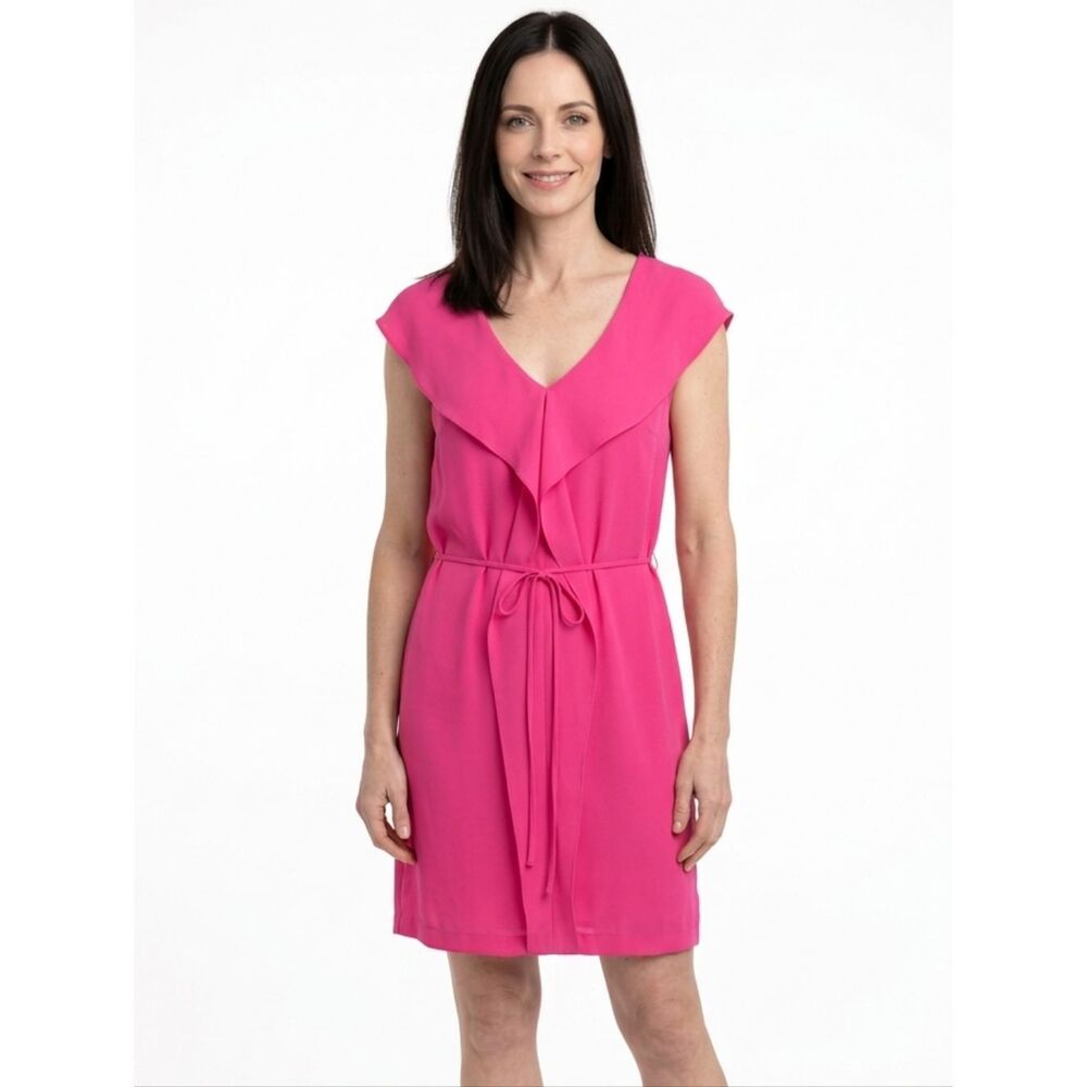New York & Co. Pink V-neck Tie  Waist Ruffle Detail Sleeveless Dress Size M